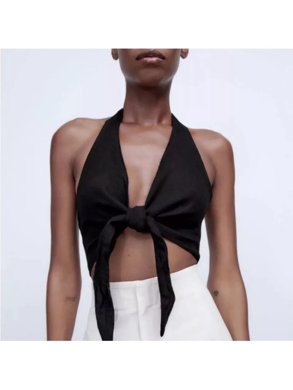 Zara Black Tie-Front Halter Crop Top